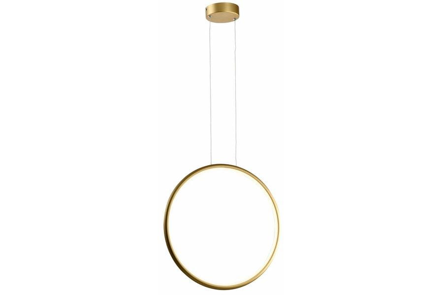 Lampa wisząca Ragi D43 w złotym kolorze, z okrągłym, minimalistycznym kształtem. Posiada jedno źródło światła LED o mocy 24W. Zawieszona na cienkich linkach z metalowym mocowaniem sufitowym, w prostej aranżacji na jednolitym tle.