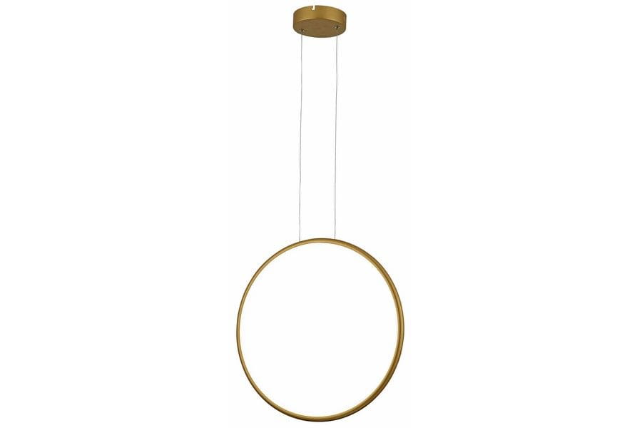 Złota lampa wisząca Ragi D50 z pojedynczym źródłem światła LED o mocy 28W. Okrągły kształt z cienką ramą, zawieszona na dwóch cienkich linkach. Prosty design, idealna do nowoczesnych wnętrz. Montaż sufitowy, neutralne tło.
