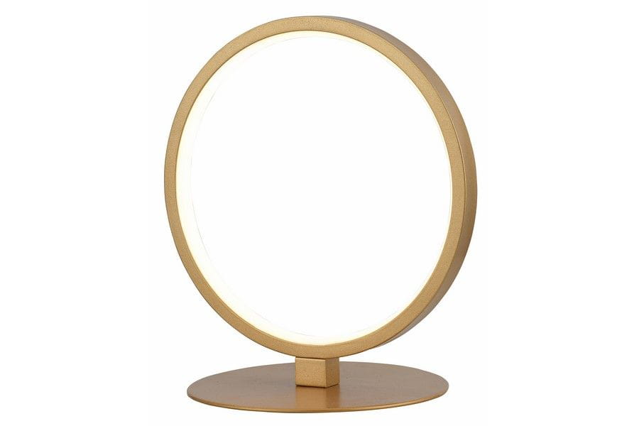 Lampa stołowa Ragi w kolorze złotym z pojedynczym źródłem światła LED o mocy 8W. Posiada okrągłą, minimalistyczną konstrukcję z podstawą i podstawką, ustawiona w pozycji stojącej, z delikatnym podświetleniem.