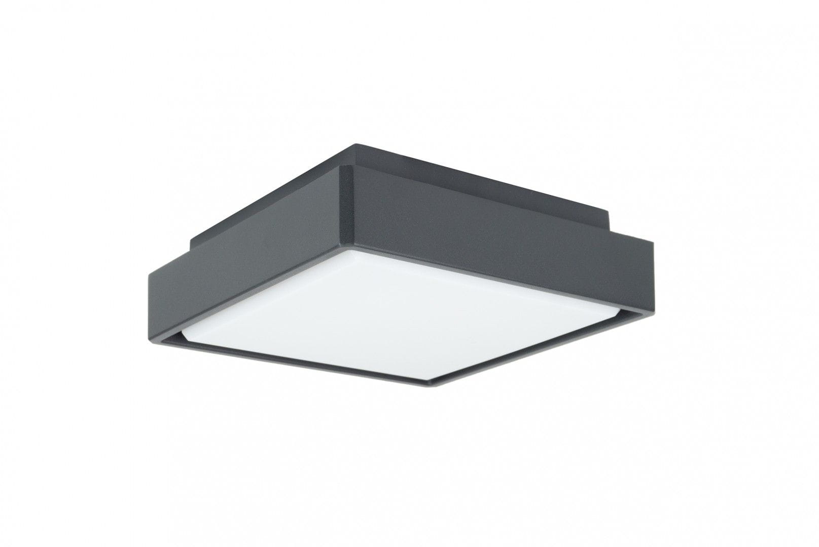 Plafon elewacyjny ścienny LED Beni D20x20 w kolorze ciemnego popielu, kwadratowy kształt. Ujęcie z boku, z widocznym białym kloszem. Wbudowane źródło światła o mocy 18W z funkcją CCT, idealny do zastosowań wewnętrznych i zewnętrznych.