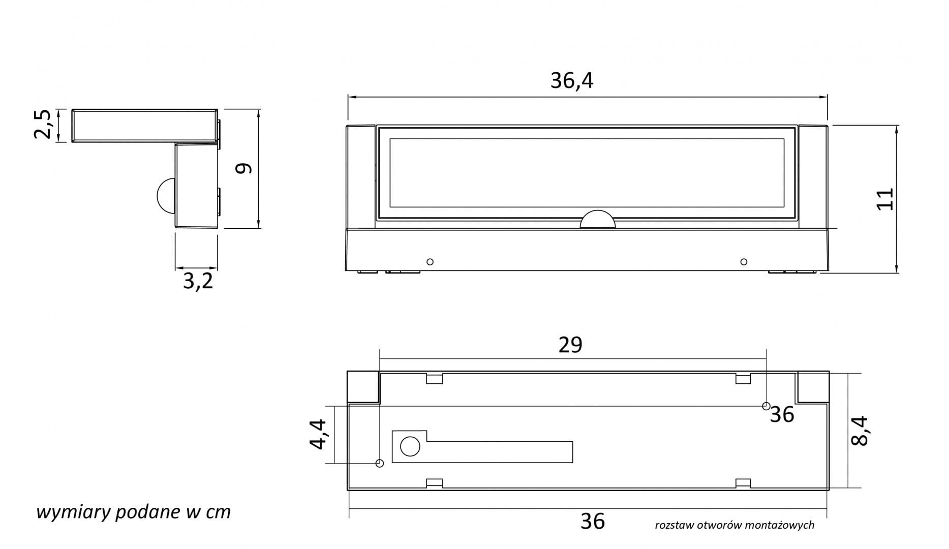 Kinkiet elewacyjny kierunkowy LED 27W w ciemnym popiele, z czujnikiem ruchu. Produkt o wymiarach 36,4 x 11 x 8,4 cm, z prostokątnym kształtem i gładką powierzchnią. Widok z przodu, z wyraźnymi detalami montażowymi.