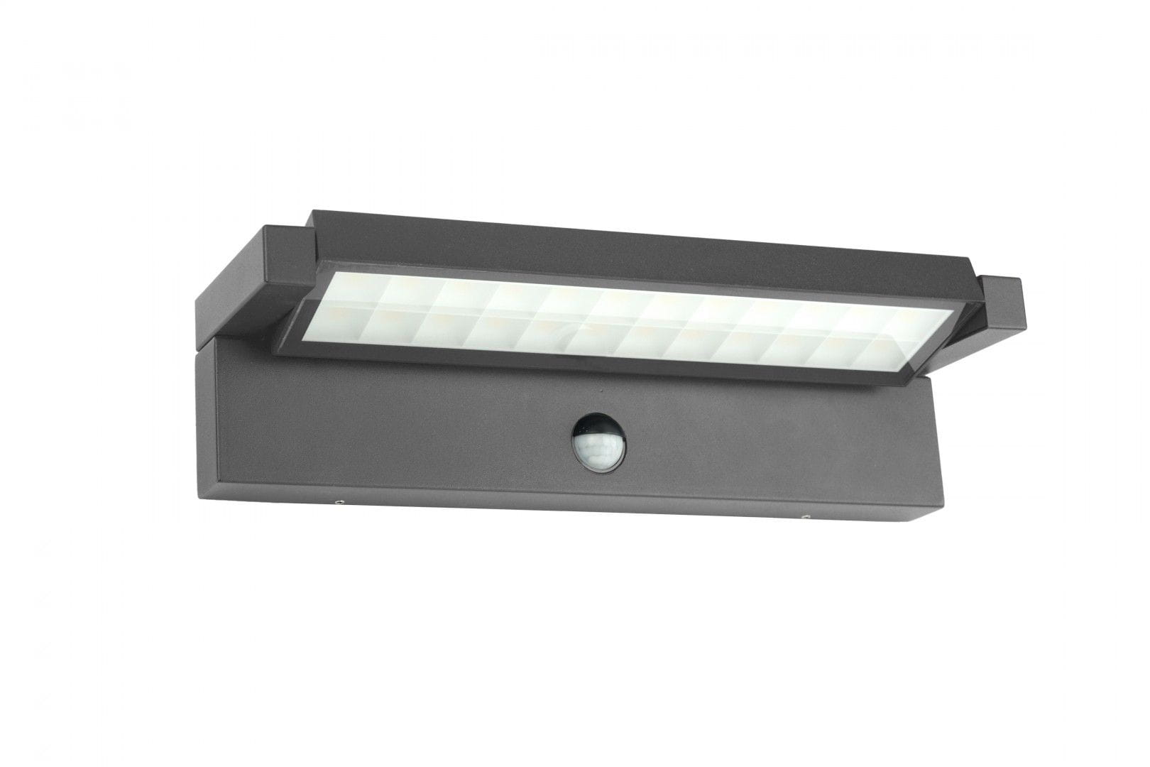Kinkiet elewacyjny kierunkowy w ciemnym popiele, z zamontowanym czujnikiem ruchu. Lampa LED o mocy 27W i temperaturze barwowej 4000K. Ujęcie frontalne, produkt zamontowany na ścianie, z widoczną prostokątną osłoną lampy z białymi kloszami.