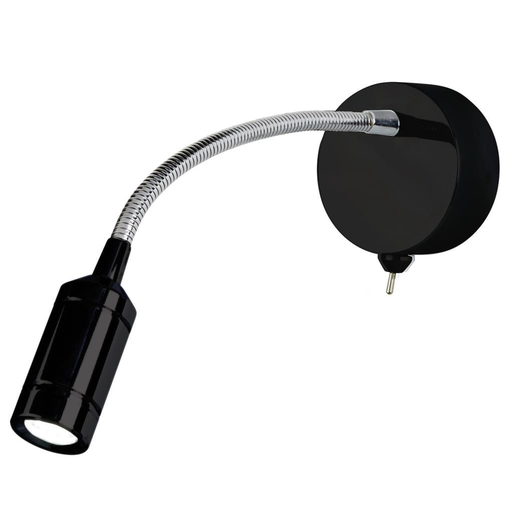 Kinkiet Flexy Wall LED w kolorze czarnym z chromowanym elastycznym ramieniem. Okrągła baza montażowa, lampa o mocy 0,75W z wbudowanym źródłem LED. Ujęcie z boku, prezentujące elastyczność i nowoczesny design.