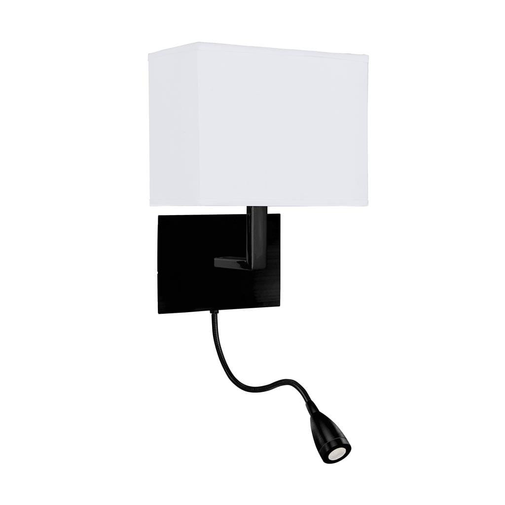 Kinkiet hotelowy w kolorze czarnym z białym abażurem, zawierający jedno źródło LED 1,45W oraz oprawkę E27. Produkt zamontowany na prostokątnej podstawie, z elastyczną lampką do czytania w dolnej części.