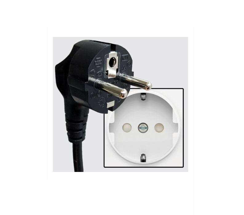 Czarny słupek ogrodowy Mains z dwoma wbudowanymi gniazdami typu F oraz LED 11W. Widoczna jest wtyczka z dwoma bolcami oraz gniazdo, co wskazuje na funkcję zasilania w ogrodzie. Prosta, funkcjonalna konstrukcja, idealna do użytku na zewnątrz.