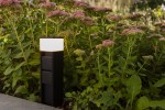 Słupek ogrodowy w kolorze czarnym z wbudowanymi dwoma gniazdami typu F i lampą LED 11W. Ujęcie z boku, umieszczony w zielonym otoczeniu, wśród kwiatów. Górna część z mlecznym kloszem, dolna z widocznymi gniazdami.