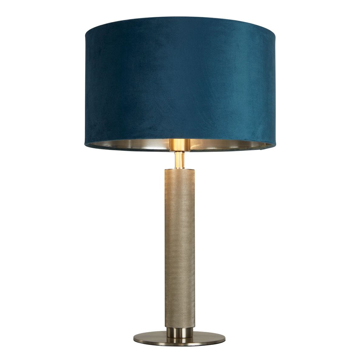 Lampa stołowa London z abażurem w kolorze turkusowym z weluru i podstawą w satynowym srebrze. Okrągła, płaska podstawa, cylindryczny trzonek o teksturowanej strukturze. Przeznaczona na żarówkę E27.