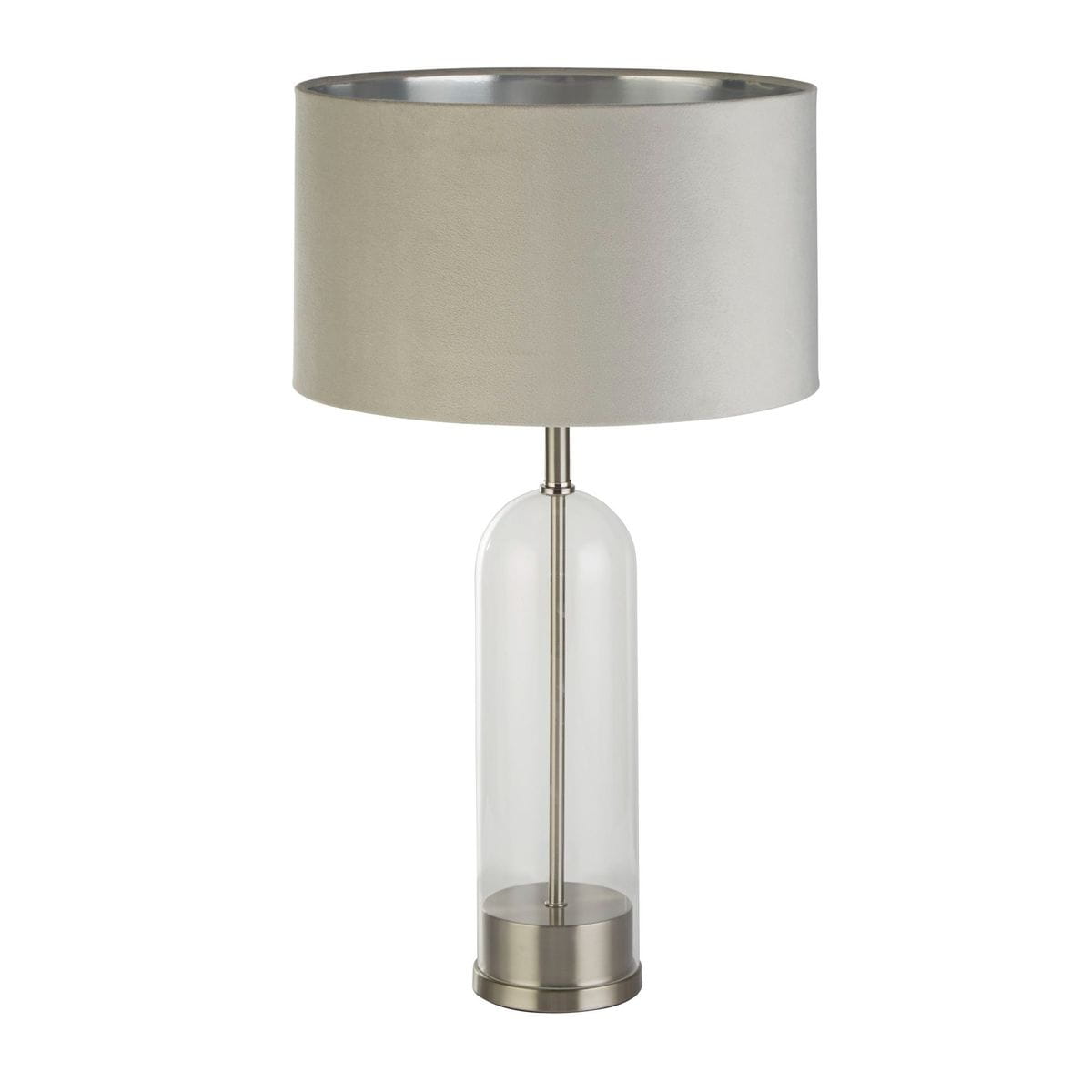 Lampa stołowa Oxford z kloszem w kolorze szarym i podstawą z satynowego niklu. Owalna, przezroczysta podstawa na metalowym talerzyku, z eleganckim, prostym designem. Ujęcie frontalne, stojąca, z klasycznym kształtem, idealna do nowoczesnych wnętrz.