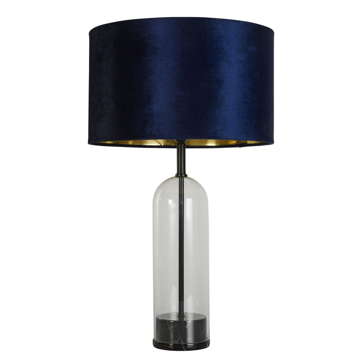 Lampa stołowa Oxford z czarną podstawą i granatowym kloszem z weluru. Klosz ma złote wnętrze, a podstawa jest przezroczysta, z okrągłym, czarnym, marmurowym detalem. Produkt ustawiony w pozycji stojącej, widok frontalny.