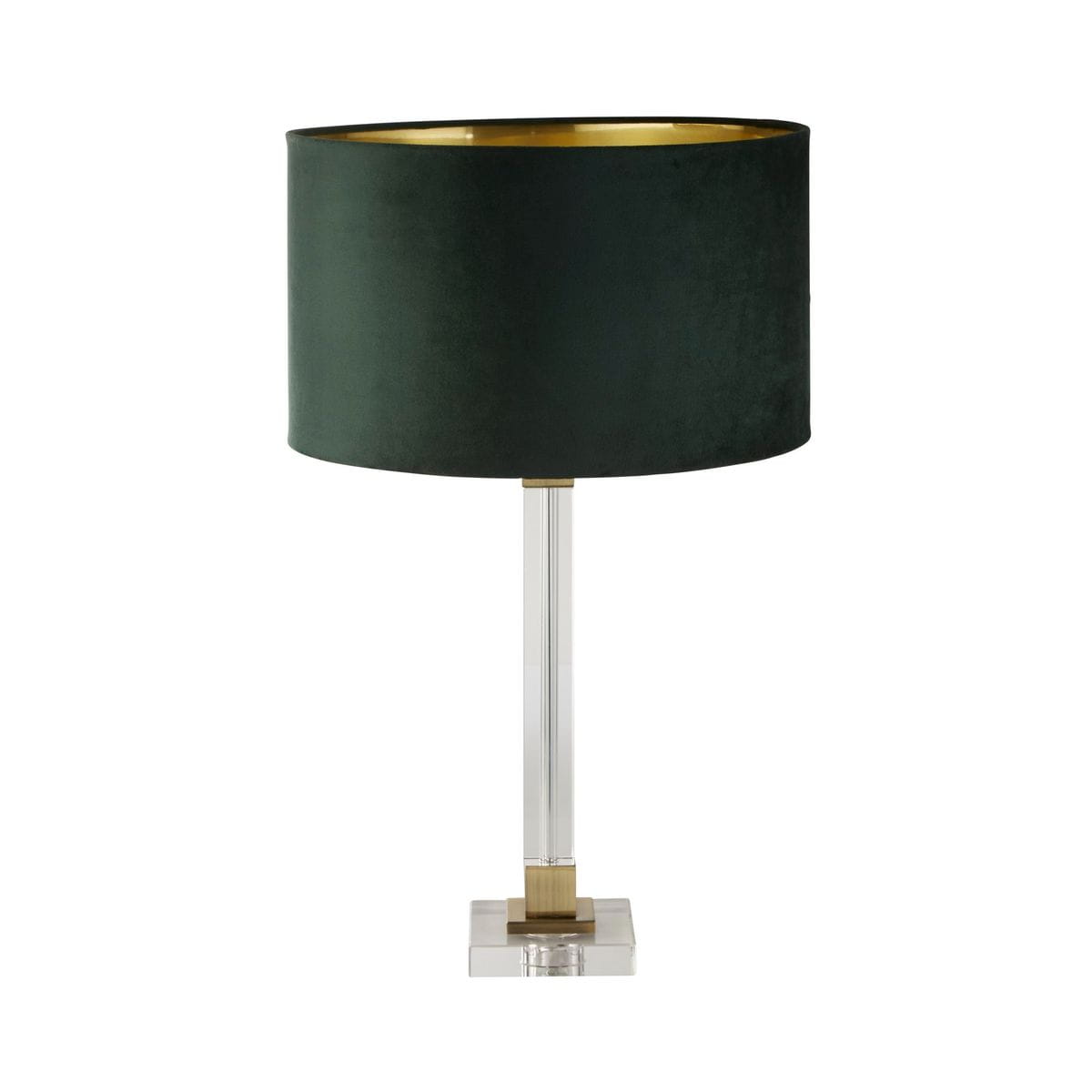 Lampa stołowa Scarborough z mosiężnymi detalami, zielonym, aksamitnym kloszem i przezroczystą podstawą. Ujęcie frontalne, ukazuje całość konstrukcji z wyraźnymi elementami dekoracyjnymi. Idealna do eleganckich wnętrz.