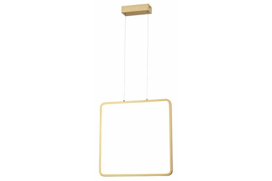Lampa wisząca Anaya z złotą ramą, o prostokątnym kształcie. Zawieszona na cienkich linkach, z wbudowanym źródłem LED o mocy 24W. Tło białe, co podkreśla nowoczesny design i minimalistyczny styl.