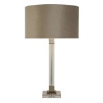 Lampa stołowa Scarborough z satynowanego niklu, z okrągłym kloszem w kolorze taupe. Prosta, cylindryczna podstawa z przezroczystego akrylu, z widocznym źródłem światła. Ujęcie frontalne, produkt w pozycji stojącej.