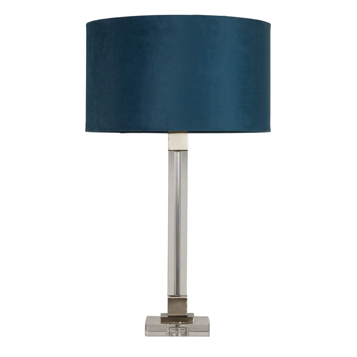 Lampa stołowa Scarborough z satynowym niklowym stelażem i turkusowym, teksturowanym abażurem. Ustawiona pionowo, z prostą podstawą. Abażur okrągły, w kolorze głębokiego turkusu, dodający elegancji. Wbudowane mocowanie E27.