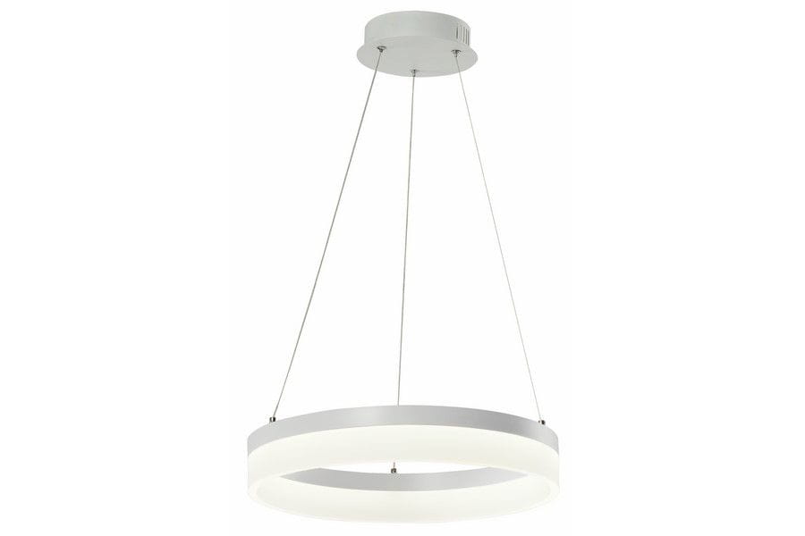 Lampa wisząca Cornelia, biała, z jedną diodą LED o mocy 24W. Okrągła konstrukcja z matowego metalu, zawieszona na cienkich linkach. Prosty design, idealna do nowoczesnych wnętrz.