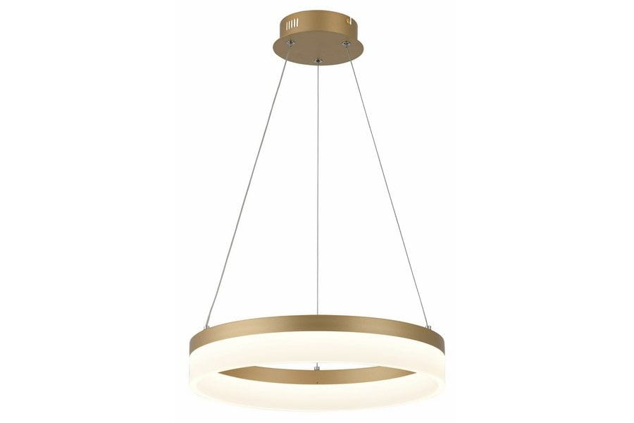 Lampa wisząca Cornelia w kolorze złotym, z okrągłym, płaskim kloszem LED o mocy 24W. Zawieszona na cienkich linkach, z metalowym mocowaniem sufitowym. Prosty, nowoczesny design, idealna do wnętrz.