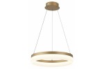 Lampa wisząca Cornelia w kolorze złotym, z okrągłym, płaskim kloszem LED o mocy 24W. Zawieszona na cienkich linkach, z metalowym mocowaniem sufitowym. Prosty, nowoczesny design, idealna do wnętrz.