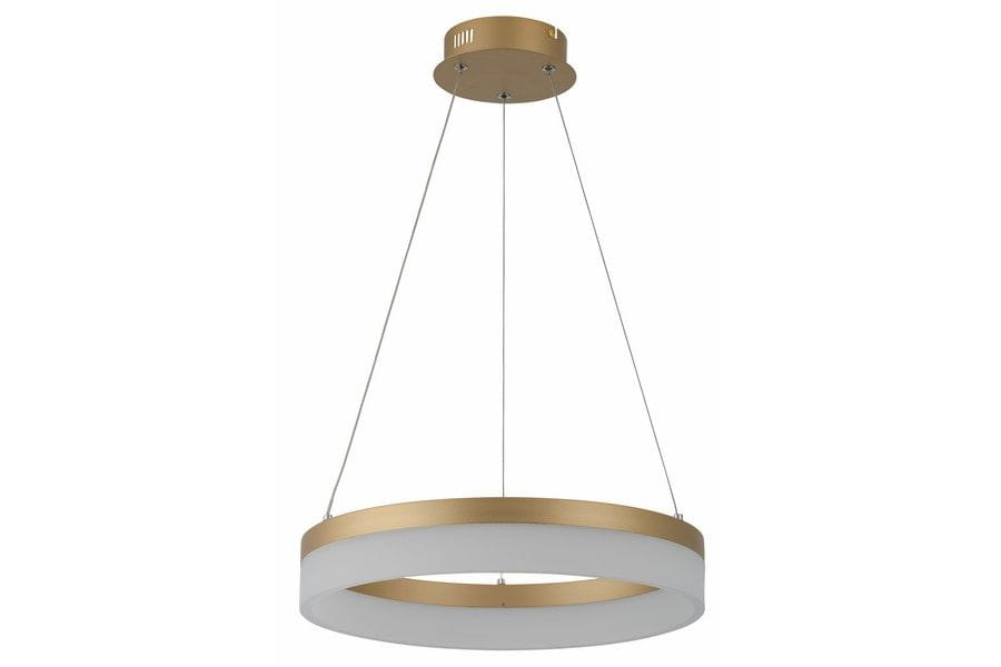 Lampa wisząca Cornelia 1xLED/24W w kolorze złotym z okrągłym, matowym kloszem. Zawieszona na cienkich linkach, z okrągłym metalowym mocowaniem. Wymiary i detale konstrukcji podkreślają nowoczesny design.