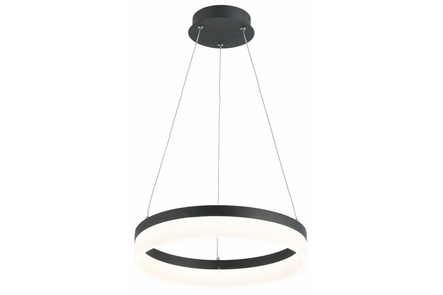 Lampa wisząca Cornelia w kolorze antracytowym, z okrągłym kloszem LED o mocy 24W. Zawieszona na cienkich linkach, z metalowym mocowaniem sufitowym. Klosz składa się z czarnej ramy oraz białego, podświetlanego elementu.