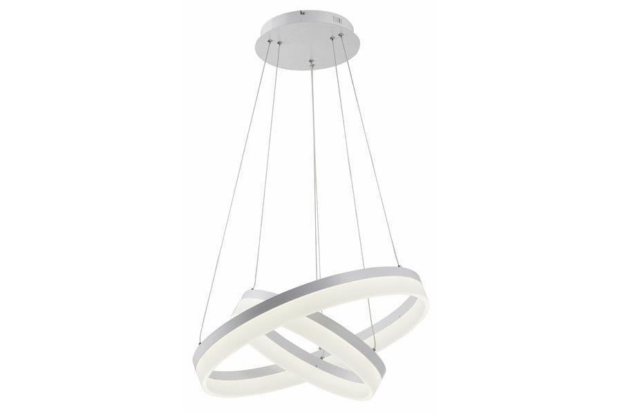Lampa wisząca Cornelia z dwoma źródłami LED o mocy 60W, w kolorze białym. Posiada nowoczesny, dynamiczny kształt z dwoma okręgami, zawieszona na cienkich linkach. Elementy metalowe w kolorze srebrnym, montowana sufitowo.