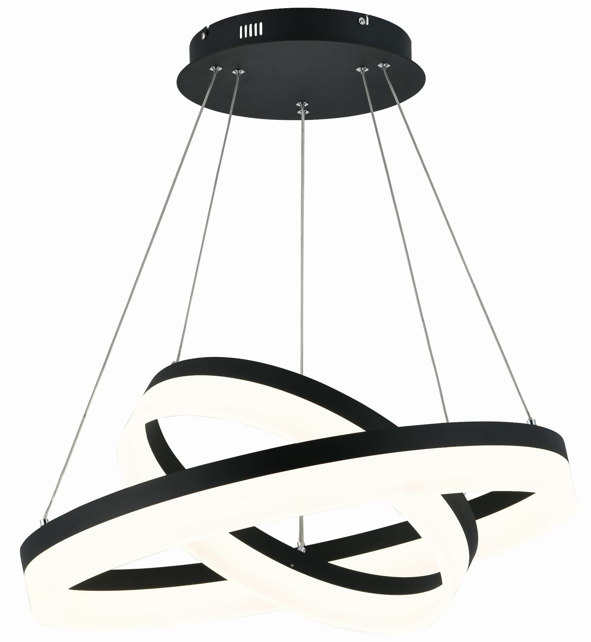 Lampa wisząca Cornelia z dwoma źródłami LED o mocy 60W. Posiada nowoczesny, czarny okrągły stelaż oraz dwie spiralne oprawy w kolorze białym, zawieszone na metalowych linkach. Idealna do aranżacji wnętrz.