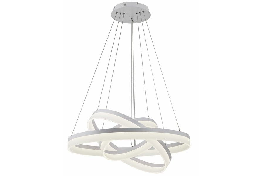 Lampa wisząca Cornelia z trzema źródłami LED, o mocy 114W, w kolorze białym. Posiada nowoczesny, abstrakcyjny kształt z falującymi, podświetlonymi pierścieniami, zamontowana na metalowym stelażu z wiszącymi linkami.