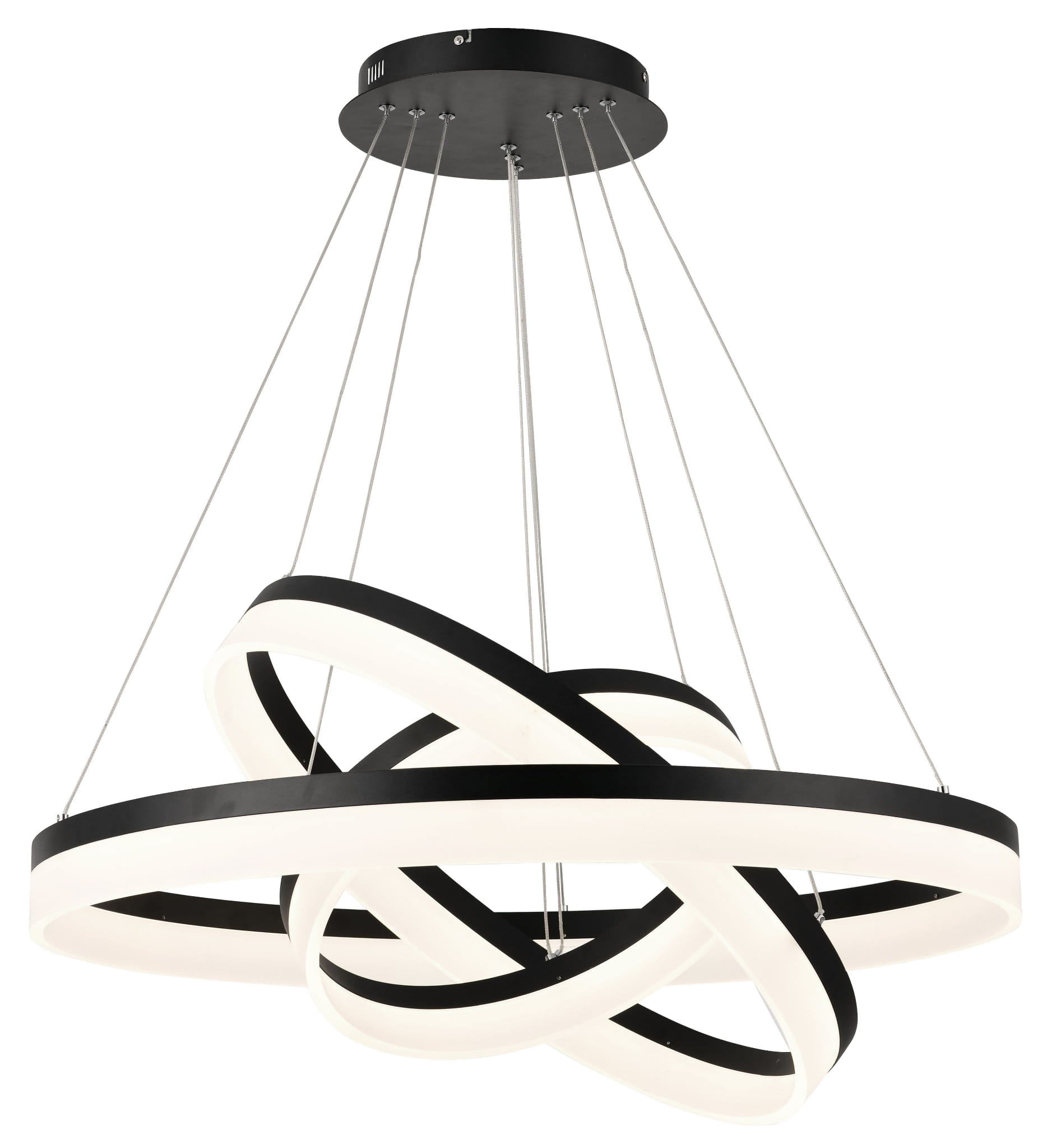 Lampa wisząca Cornelia z trzema źródłami LED, o mocy 114W, w kolorze czarnym. Posiada nowoczesny design z okrągłymi, zakrzywionymi elementami. Zawieszona na metalowych linkach, prezentuje się w ujęciu z góry, ukazując unikalną formę.