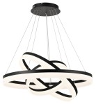 Lampa wisząca Cornelia z trzema źródłami LED, o mocy 114W, w kolorze czarnym. Posiada nowoczesny design z okrągłymi, zakrzywionymi elementami. Zawieszona na metalowych linkach, prezentuje się w ujęciu z góry, ukazując unikalną formę.
