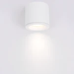 Biała lampa sufitowa w formie tuby z oprawą na żarówkę GU10, zamontowana na gładkim tle. Okrągły kształt z delikatnym wykończeniem, emitująca jasne światło. Idealna do oświetlenia wnętrz, z klasą szczelności IP65.