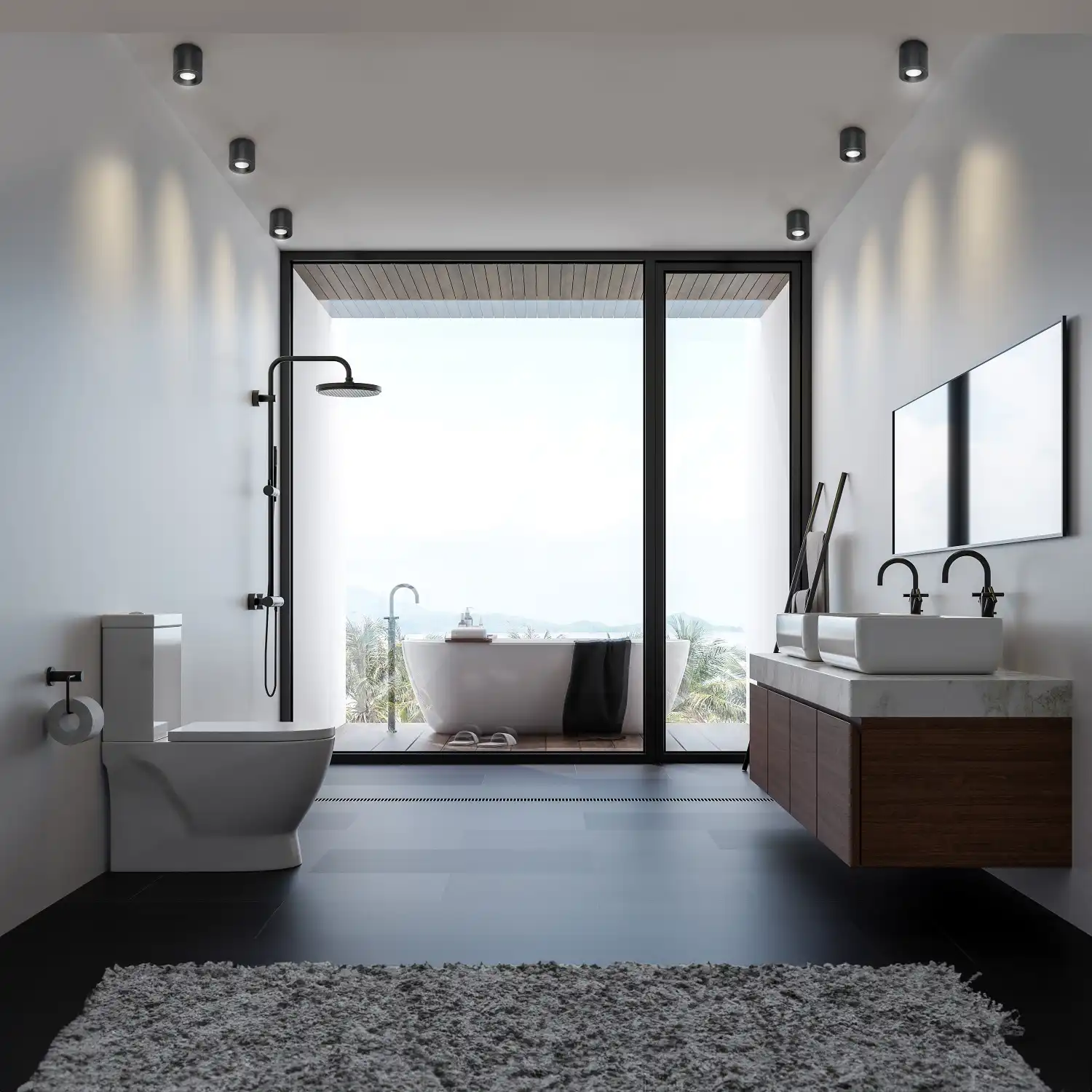 Czarna lampa sufitowa Luna, typu tuba, z miejscem na jedną żarówkę GU10, o klasie ochrony IP65. Ujęcie pokazuje lampę zamontowaną w nowoczesnej łazience z dużymi oknami, obok wanny i umywalki, na tle jasnych ścian i ciemnej podłogi.