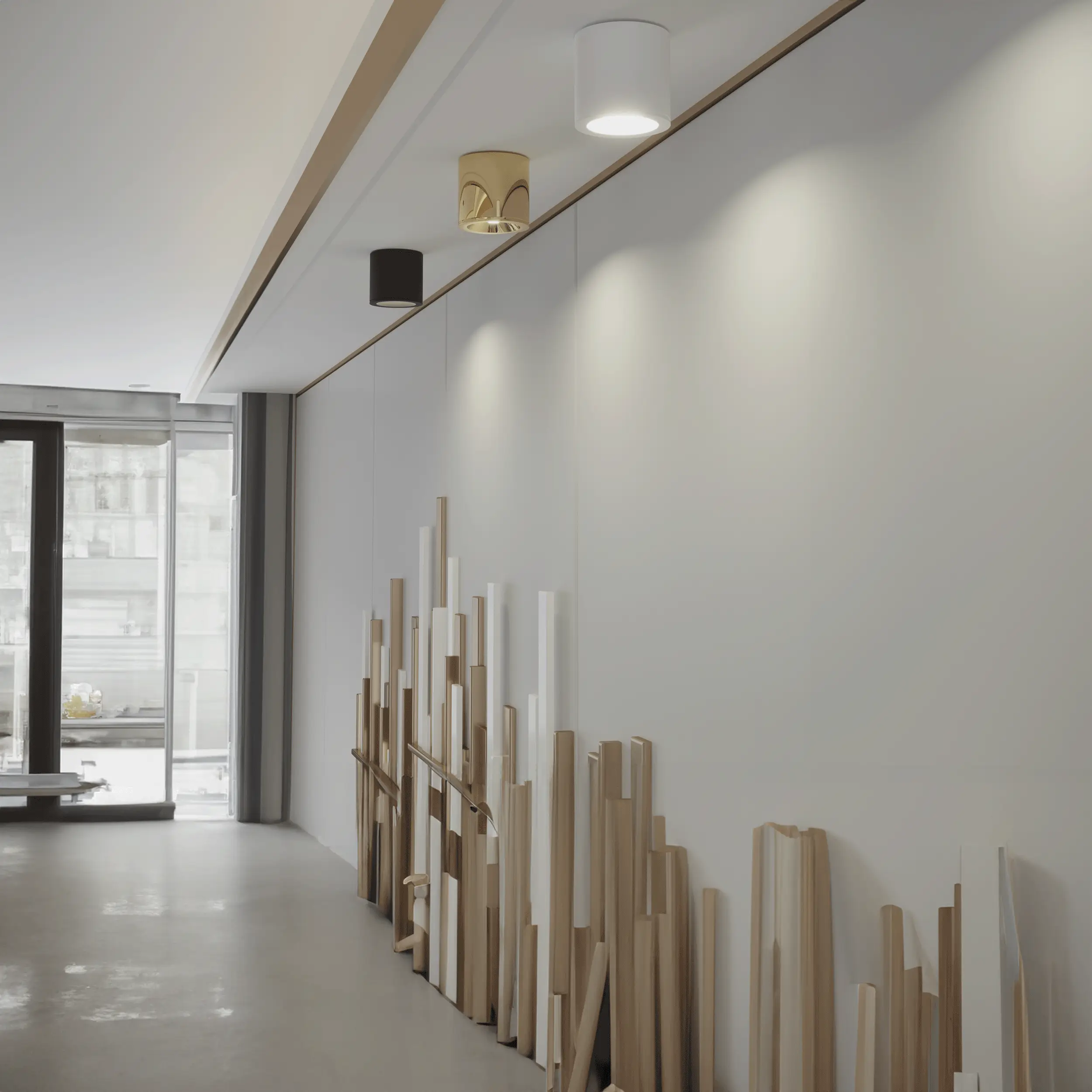 Lampa sufitowa Luna w kolorze czarnym, model tuba 1xGU10/IP65, zamontowana na białym suficie. W tle widoczne inne lampy oraz dekoracyjne elementy drewniane na ścianie. Oświetlenie skierowane na ścianę, tworząc nowoczesną aranżację wnętrza.