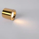 Złota lampa sufitowa tuba Luna, z oprawą 1xGU10, o matowej powierzchni i cylindrycznym kształcie, ustawiona na białym tle. Emituje jasne światło, z widoczną soczewką wewnętrzną. Idealna do nowoczesnych wnętrz.