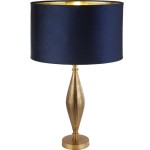 Lampa stołowa Rye z antycznym mosiężnym trzonem w kształcie stożka i granatowym abażurem. Abażur ma złote wnętrze. Produkt stoi na okrągłej podstawie, w eleganckim stylu. Idealna do nowoczesnych wnętrz.