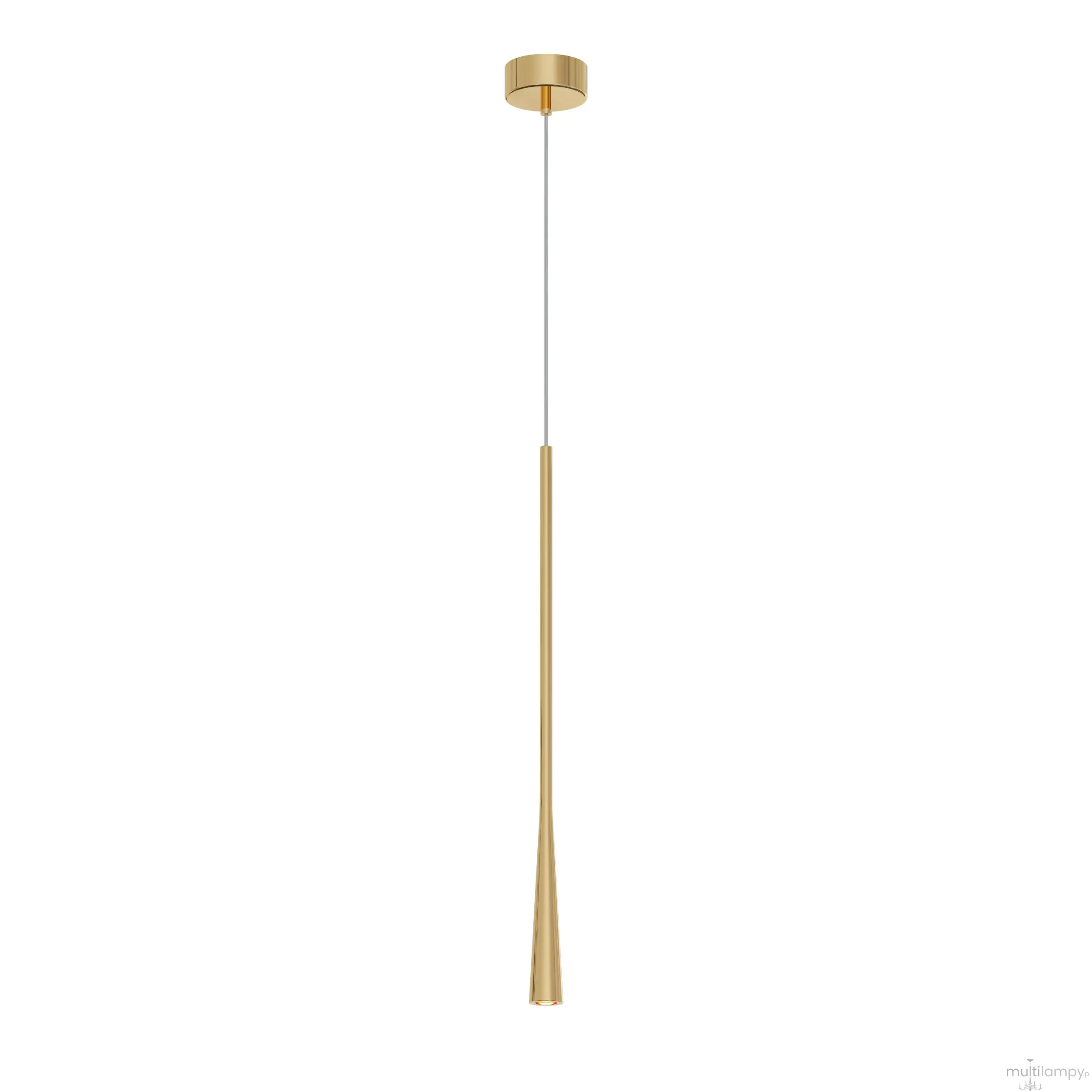 Lampa wisząca Elysia w kolorze złotym, wykonana z metalu, o smukłym kształcie. Zawieszona na cienkim kablu, z pojedynczym źródłem światła LED o mocy 6W. Prosty, nowoczesny design, idealna do minimalistycznych wnętrz.