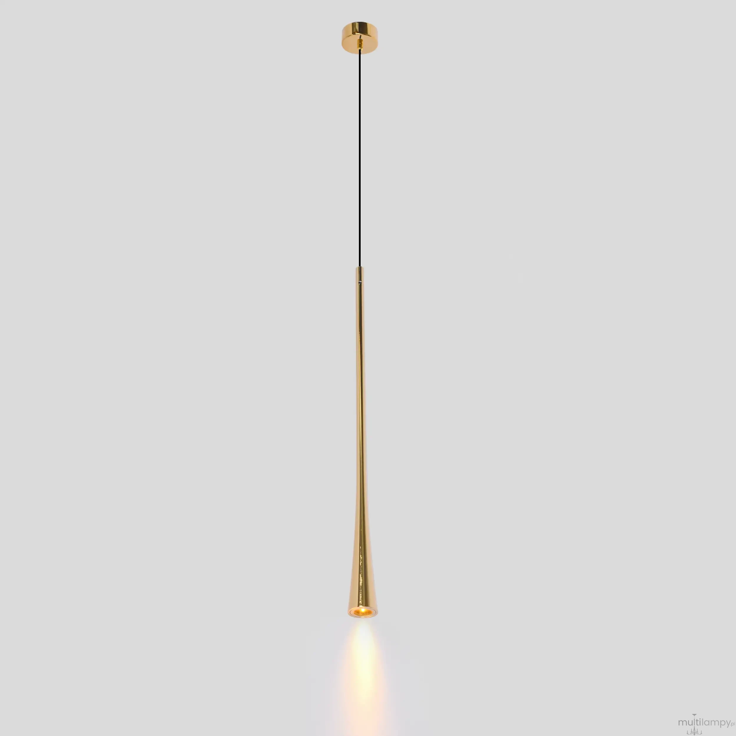 Lampa wisząca Elysia, złota, z metalowym kloszem w kształcie stożka, zawieszona na cienkim, czarnym przewodzie. Źródło światła LED 6W jest skierowane w dół, emitując ciepłe światło. Ujęcie frontalne na jednolitym tle.