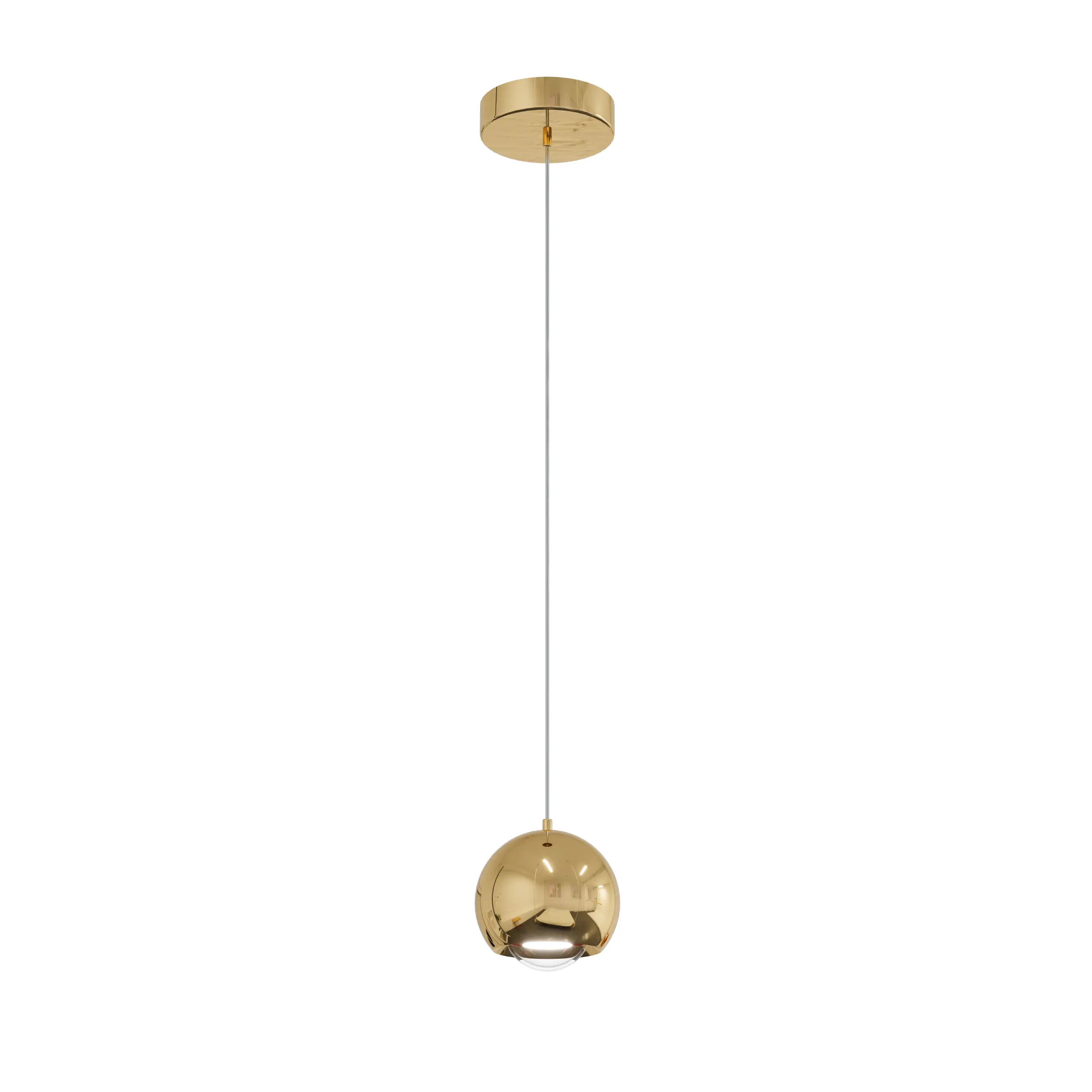 Lampa wisząca Aurenia z jedną żarówką LED 5W, w kształcie kulistym. Złota, błyszcząca powierzchnia, zawieszona na cienkim przewodzie. Idealna do nowoczesnych wnętrz, montowana na suficie.