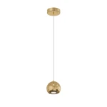 Lampa wisząca Aurenia z jedną żarówką LED 5W, w kształcie kulistym. Złota, błyszcząca powierzchnia, zawieszona na cienkim przewodzie. Idealna do nowoczesnych wnętrz, montowana na suficie.