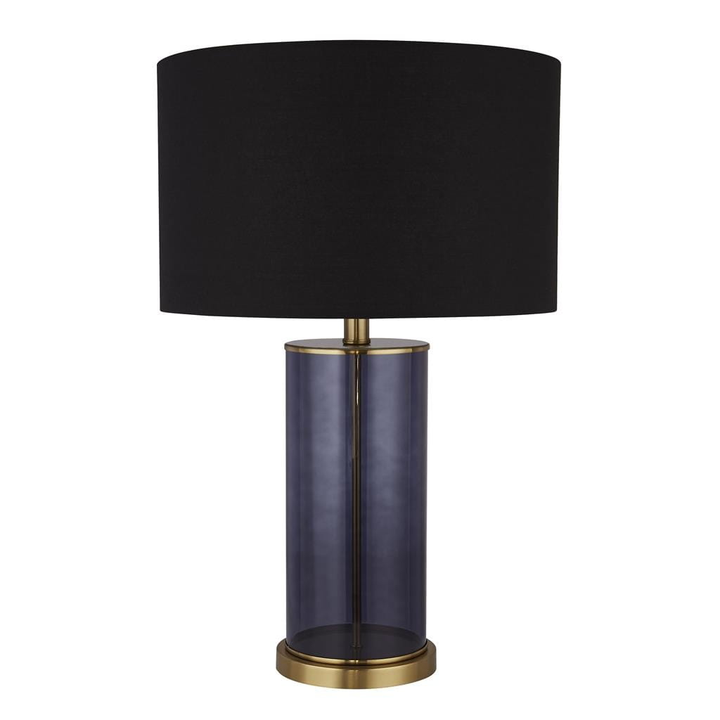 Lampa stołowa Liberty z mosiężnymi detalami i czarnym abażurem. Cylindryczna podstawa w kolorze szarym, wykończona metalowym pierścieniem. Ujęcie frontalne, produkt stoi na płaskiej powierzchni, bez dodatkowych akcesoriów.