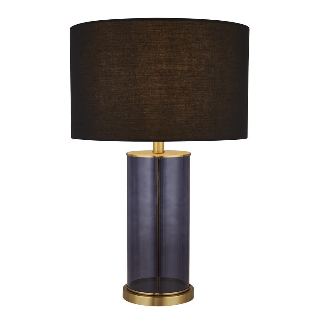 Lampa stołowa Liberty z mosiężnymi detalami i czarnym abażurem. Podstawa w kształcie cylindrycznym, wykonana z przezroczystego materiału. Wysoka, elegancka konstrukcja, idealna do nowoczesnych wnętrz. Kąt ujęcia frontalny.