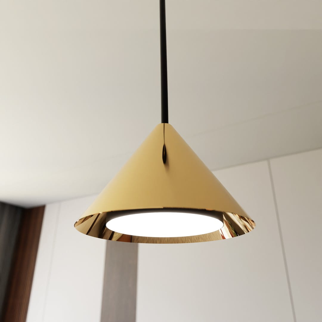Lampa wisząca Elit 1xGX53 w kolorze czarnym i złotym, w kształcie stożka z błyszczącym, metalicznym wykończeniem. Zawieszona na cienkim, czarnym kablu, z okrągłym źródłem światła w centralnej części. Tło jasne, minimalistyczne.