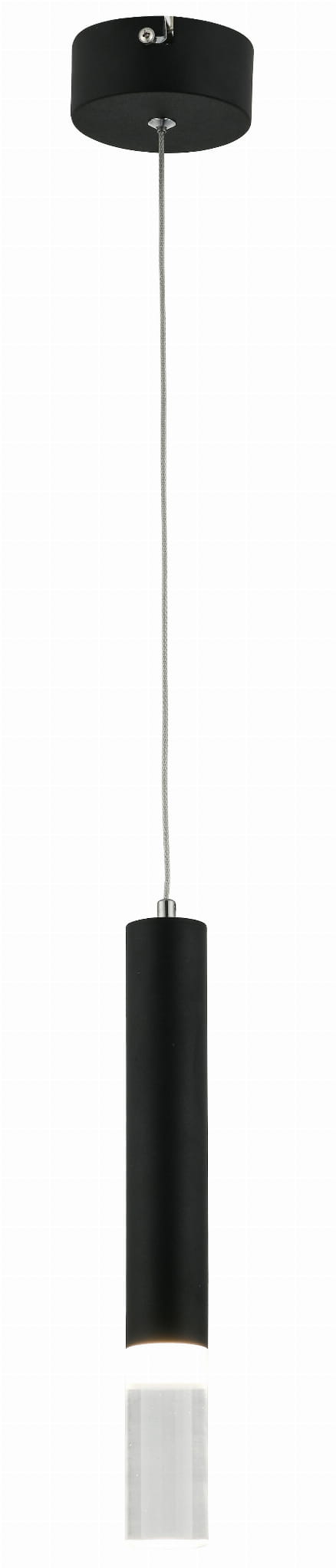 Lampa wisząca Gwen w kolorze czarnym, z jednym żarówką LED o mocy 5W. Posiada cylindryczny kształt z matowym wykończeniem oraz przezroczystą dolną część. Zawieszona na cienkim przewodzie, montowana do sufitu.