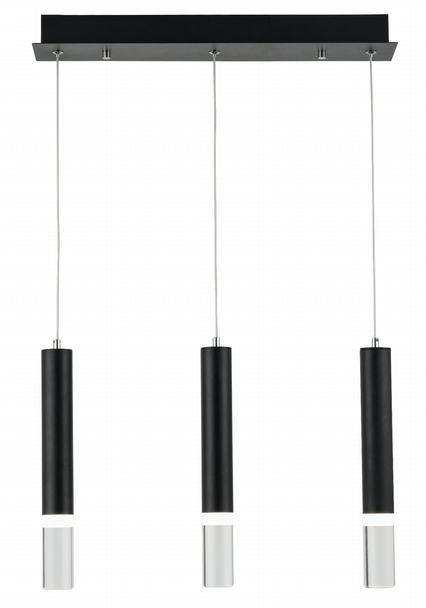Lampa wisząca Gwen z trzema źródłami LED, czarna, o cylindrycznym kształcie. W dolnej części znajduje się srebrny detal. Utrzymywana na cienkich linkach, montowana do sufitu. Idealna do nowoczesnych wnętrz.