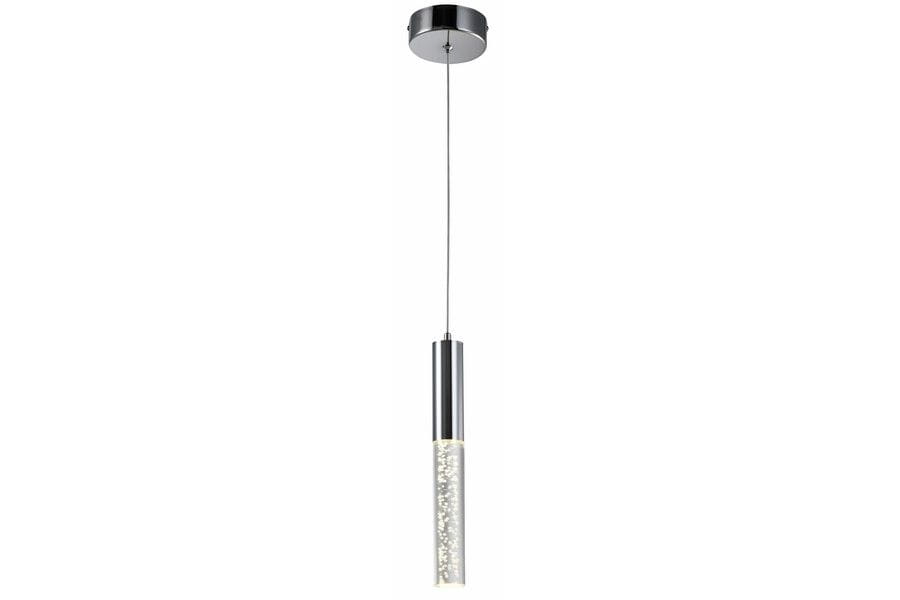 Lampa wisząca Neda z jednym źródłem światła LED 5W, chromowana, z cylindrycznym kloszem o przezroczystej fakturze z dekoracyjnymi białymi elementami. Zawieszona na cienkim kablu, montowana do sufitu.