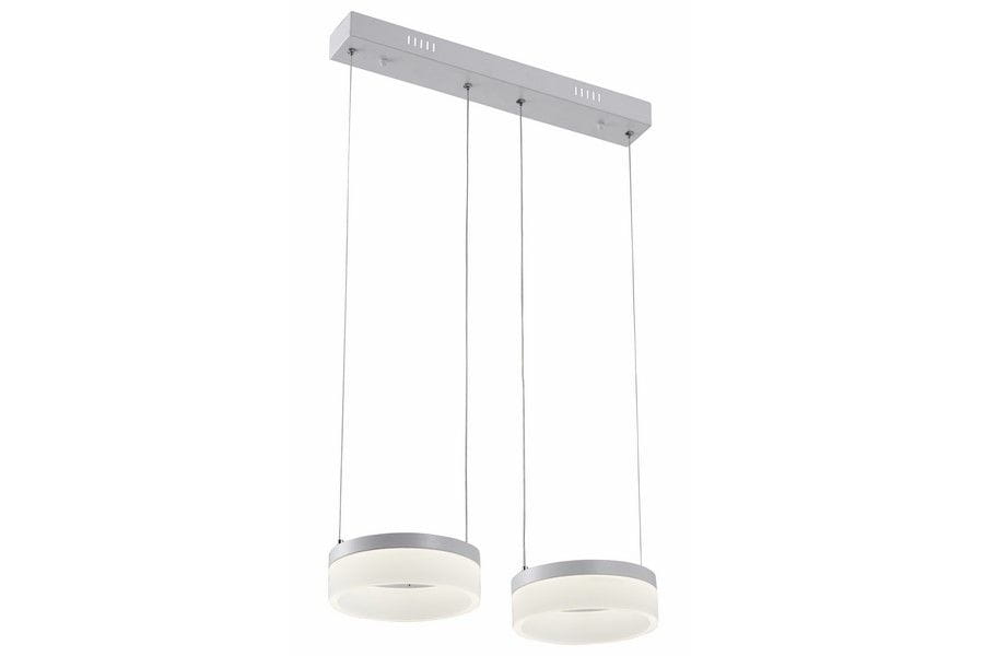 Lampa wisząca Nicki z dwoma okrągłymi kloszami LED w białym kolorze, montowana na prostokątnej, metalowej podsufitce. Klosze mają matowe wykończenie i są zawieszone na cienkich linkach, co nadaje nowoczesny wygląd.
