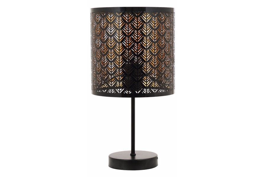 Lampa stołowa Tuluza z czarnym metalowym abażurem o wzorze liści, stojąca na okrągłej podstawie. Żarówka E27 umieszczona wewnątrz. Kąt ujęcia frontalny, eksponujący detale wzoru i konstrukcję lampy.