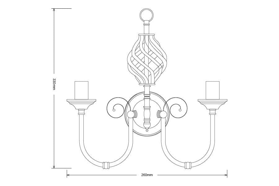 Kinkiet Aimee w kolorze patyny, z dwoma gniazdami E14. Ozdobny klosz o spiralnym kształcie, zamocowany na okrągłej podstawie. Wymiary: wysokość 330 mm, szerokość 260 mm. Ujęcie frontalne, produkt przeznaczony do montażu na ścianie.