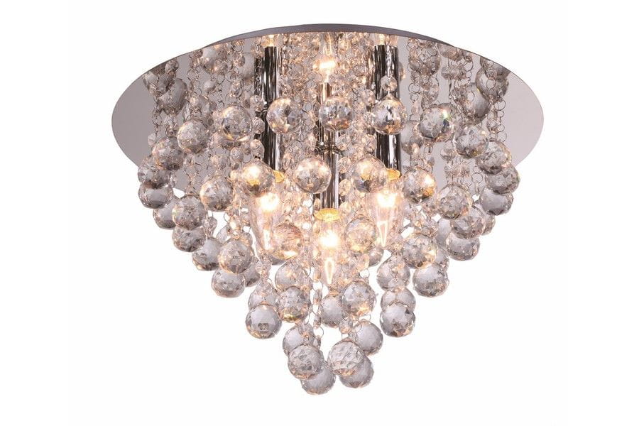 Lampa sufitowa London Crystal z trzema źródłami światła E14, chromowana. Okrągła, z dekoracyjnymi kryształowymi kulkami, które tworzą efektowną kompozycję, odbijając światło. Ujęcie z dołu, ukazujące detale kryształów i błyszczący metal.