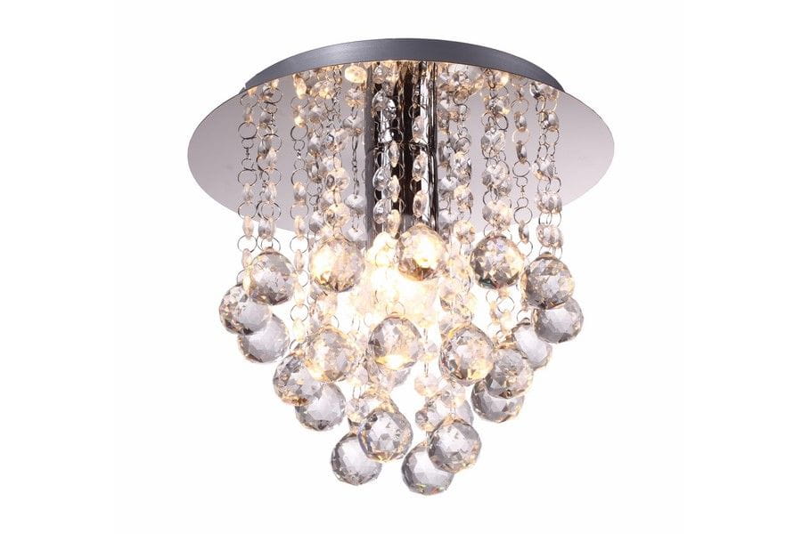Lampa sufitowa London Crystal z chromowanym wykończeniem, zawieszona na okrągłej podstawie. Wykonana z przezroczystych kryształowych kul i łańcuszków, emitująca światło z jednego źródła E27. Elegancki design, idealna do nowoczesnych wnętrz.
