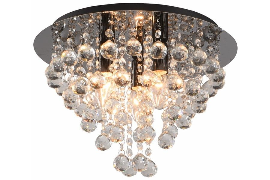 Lampa sufitowa London Crystal z trzema gniazdami E14, w kolorze czarnym i chromowanym. Okrągła podstawa z wiszącymi kryształami, tworzącymi efektowną iluminację. Kąt ujęcia frontalny, eksponujący detale kryształów i źródeł światła.