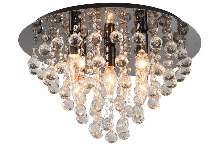 Lampa sufitowa London Crystal w kolorze czarnym z chromowanymi detalami. Okrągła podsufitka z pięcioma żarówkami E14, ozdobiona kryształowymi kulkami i wiszącymi elementami, emitującymi ciepłe światło.