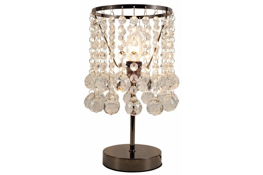 Lampa stołowa London Crystal w kolorze czarnym z chromowanym wykończeniem, z abażurem z kryształowych koralików i kul. Produkt stoi na okrągłej podstawie, z widoczną żarówką w środku, w ujęciu frontalnym.